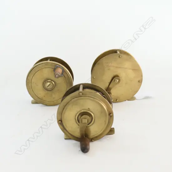 3 SMALL BRASS FISHING REELS,(ONE w PERMENENT CHECK)